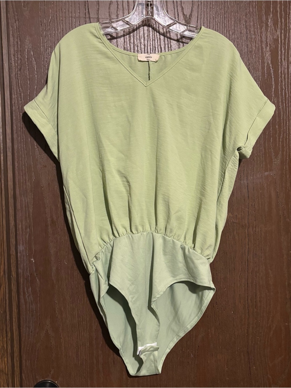entro Light Green V-Neck Short Sleeve Bodysuit with Gathered Waist